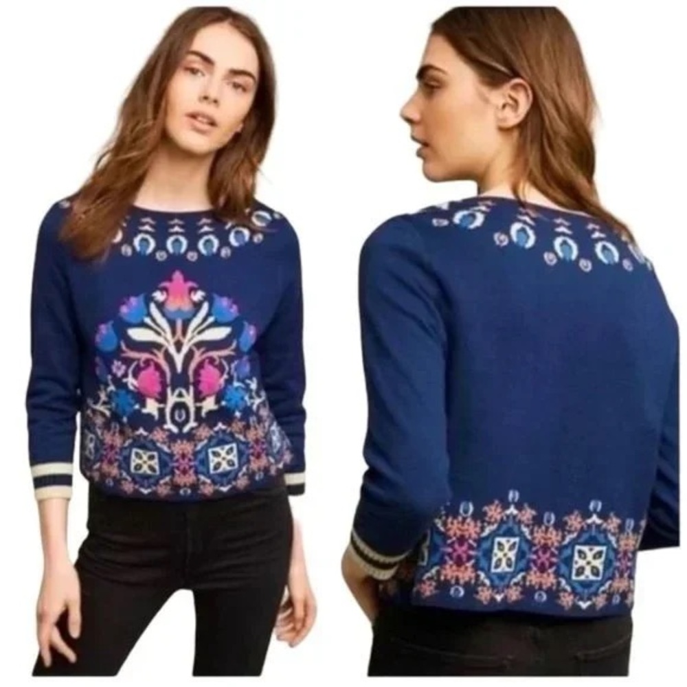 Anthropologie HWR Monogram Blue Floral Intarsia Pullover Sweater
